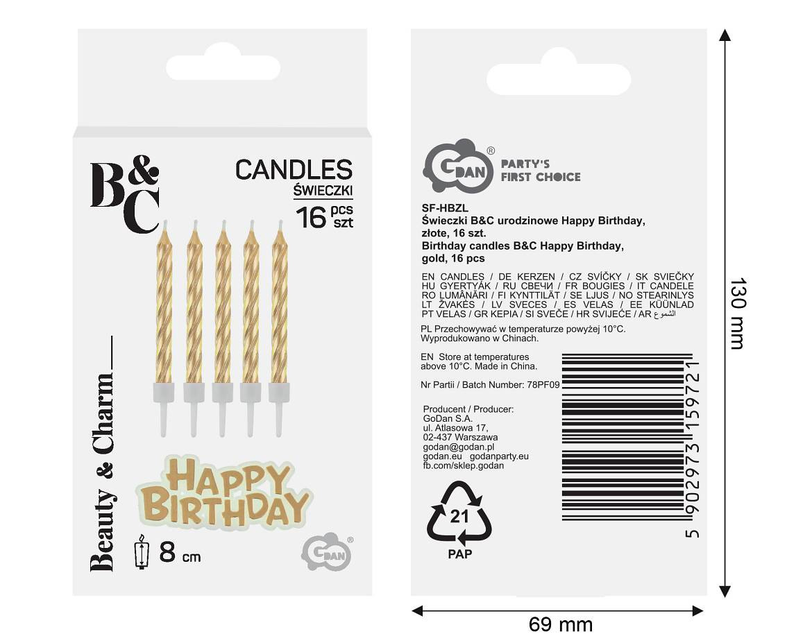 Birthday candles B&C Happy Birthday, gold, 8 cm, 16 pcs